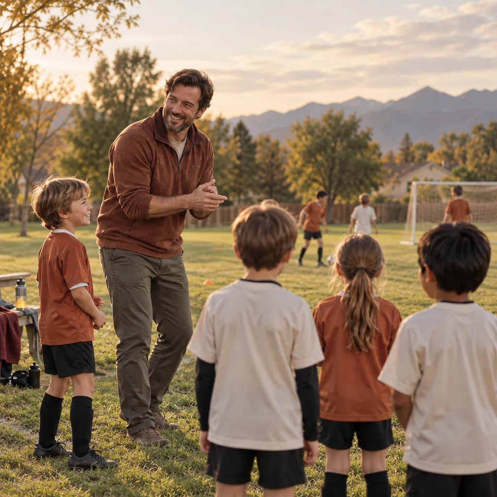 A smiling father coaching a youth soccer team on a neighborhood field